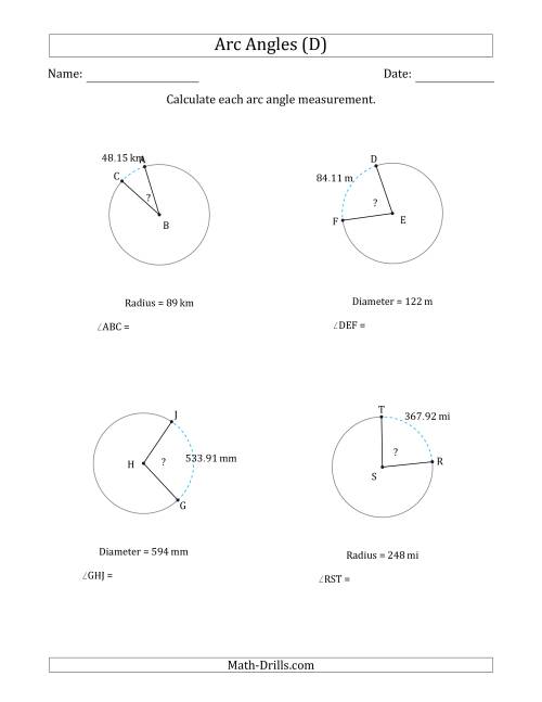 The Calculating Circle Arc Angle Measurements from Radius or Diameter (D) Math Worksheet