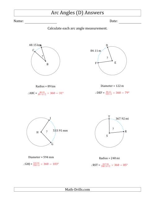 The Calculating Circle Arc Angle Measurements from Radius or Diameter (D) Math Worksheet Page 2