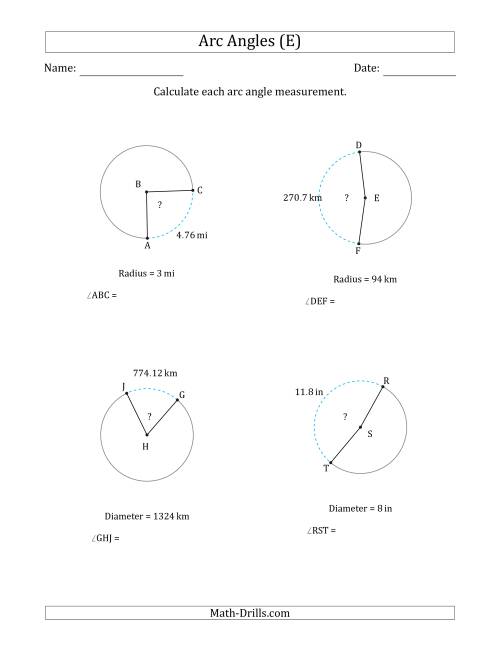 The Calculating Circle Arc Angle Measurements from Radius or Diameter (E) Math Worksheet