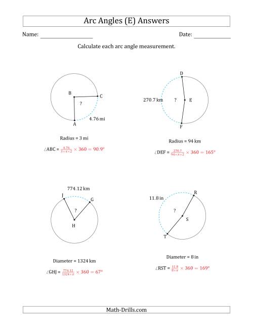 The Calculating Circle Arc Angle Measurements from Radius or Diameter (E) Math Worksheet Page 2