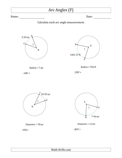 The Calculating Circle Arc Angle Measurements from Radius or Diameter (F) Math Worksheet