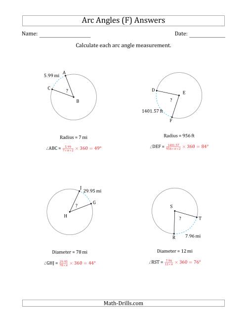 The Calculating Circle Arc Angle Measurements from Radius or Diameter (F) Math Worksheet Page 2