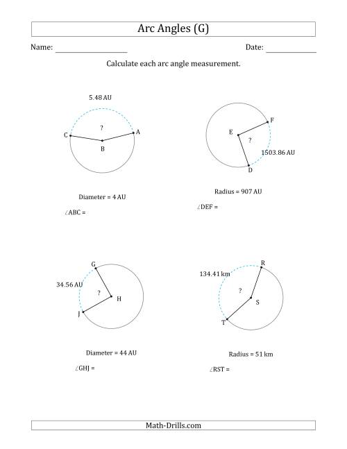 The Calculating Circle Arc Angle Measurements from Radius or Diameter (G) Math Worksheet