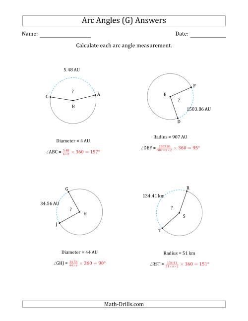The Calculating Circle Arc Angle Measurements from Radius or Diameter (G) Math Worksheet Page 2
