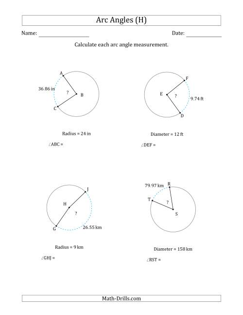The Calculating Circle Arc Angle Measurements from Radius or Diameter (H) Math Worksheet