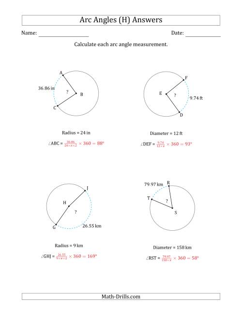 The Calculating Circle Arc Angle Measurements from Radius or Diameter (H) Math Worksheet Page 2