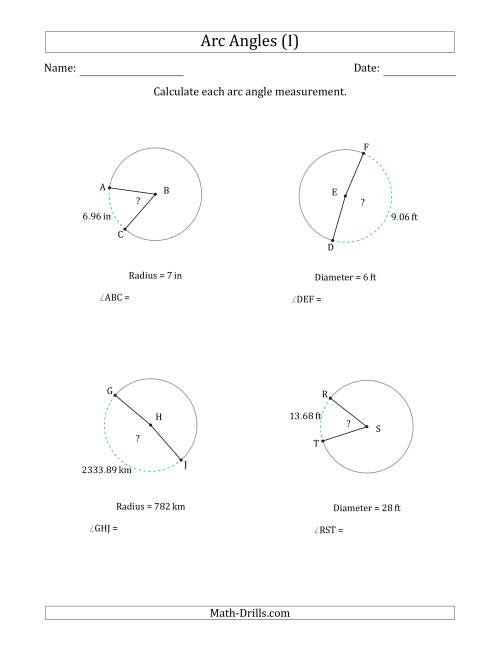 The Calculating Circle Arc Angle Measurements from Radius or Diameter (I) Math Worksheet