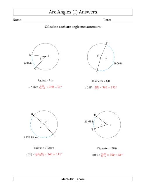 The Calculating Circle Arc Angle Measurements from Radius or Diameter (I) Math Worksheet Page 2
