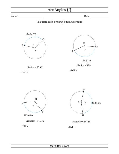 The Calculating Circle Arc Angle Measurements from Radius or Diameter (J) Math Worksheet