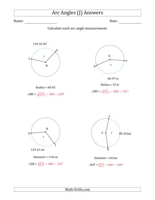 The Calculating Circle Arc Angle Measurements from Radius or Diameter (J) Math Worksheet Page 2