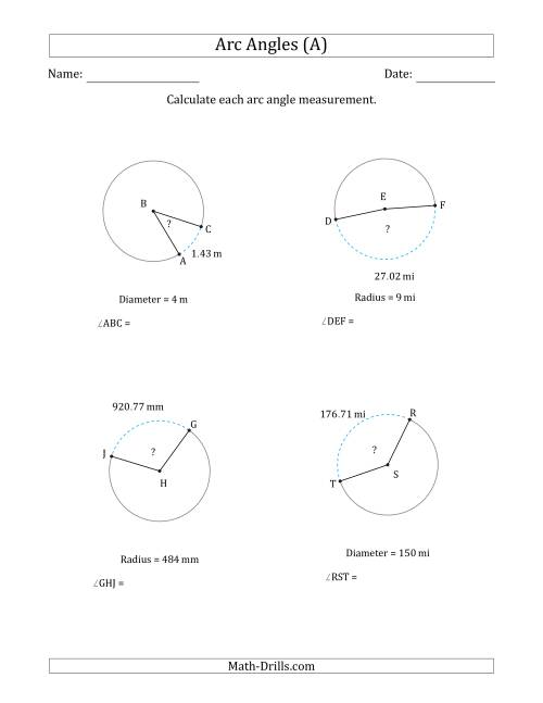 The Calculating Circle Arc Angle Measurements from Radius or Diameter (All) Math Worksheet