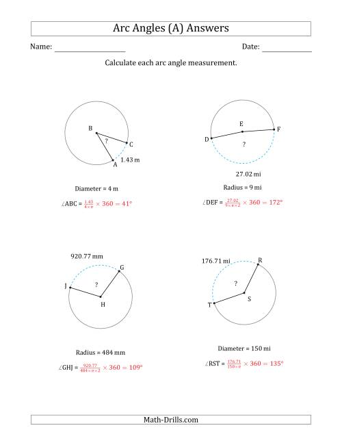 The Calculating Circle Arc Angle Measurements from Radius or Diameter (All) Math Worksheet Page 2