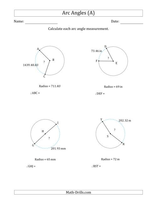 The Calculating Circle Arc Angle Measurements from Radius (A) Math Worksheet