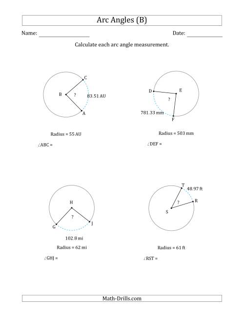 The Calculating Circle Arc Angle Measurements from Radius (B) Math Worksheet