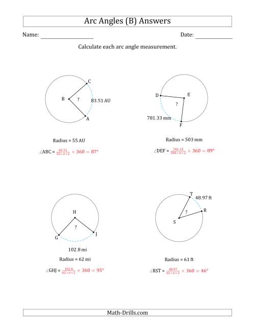 The Calculating Circle Arc Angle Measurements from Radius (B) Math Worksheet Page 2