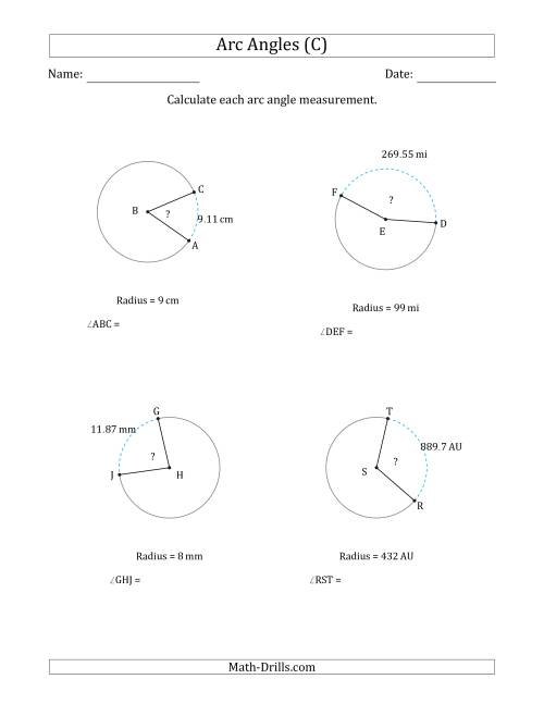 The Calculating Circle Arc Angle Measurements from Radius (C) Math Worksheet