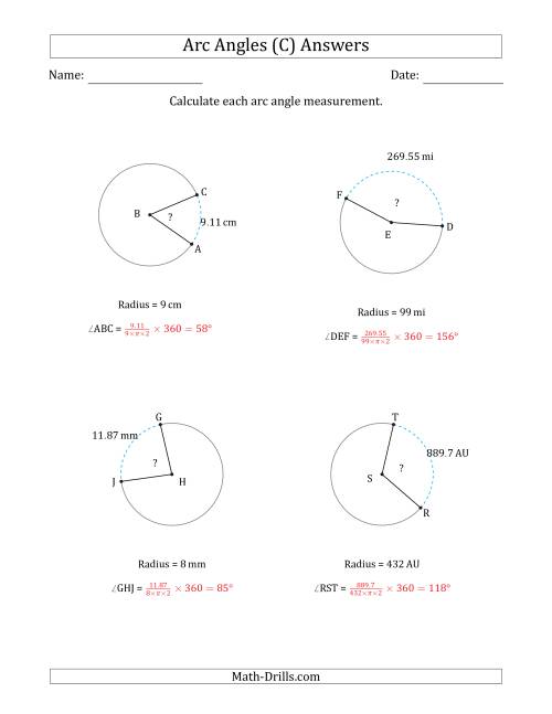 The Calculating Circle Arc Angle Measurements from Radius (C) Math Worksheet Page 2