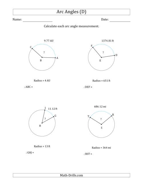 The Calculating Circle Arc Angle Measurements from Radius (D) Math Worksheet