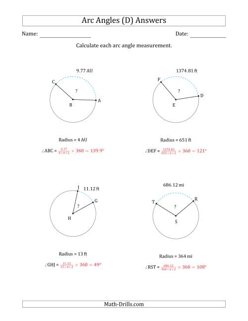The Calculating Circle Arc Angle Measurements from Radius (D) Math Worksheet Page 2