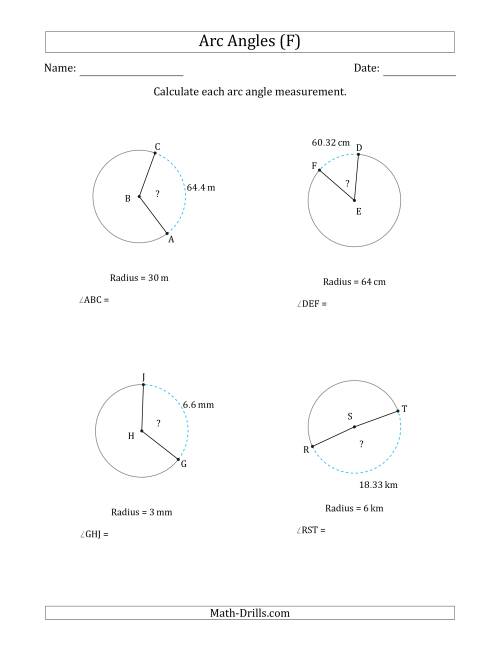 The Calculating Circle Arc Angle Measurements from Radius (F) Math Worksheet
