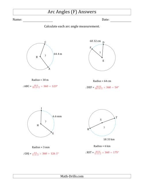The Calculating Circle Arc Angle Measurements from Radius (F) Math Worksheet Page 2