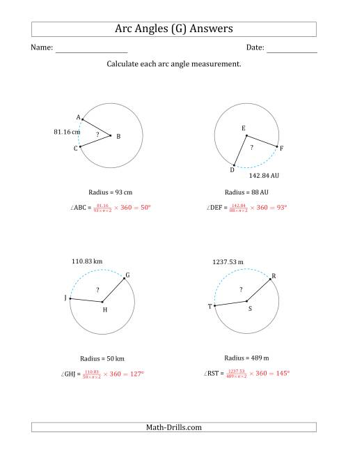 The Calculating Circle Arc Angle Measurements from Radius (G) Math Worksheet Page 2