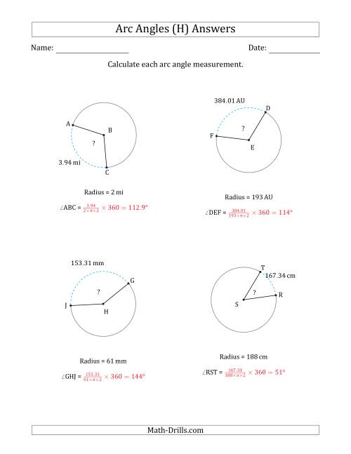 The Calculating Circle Arc Angle Measurements from Radius (H) Math Worksheet Page 2