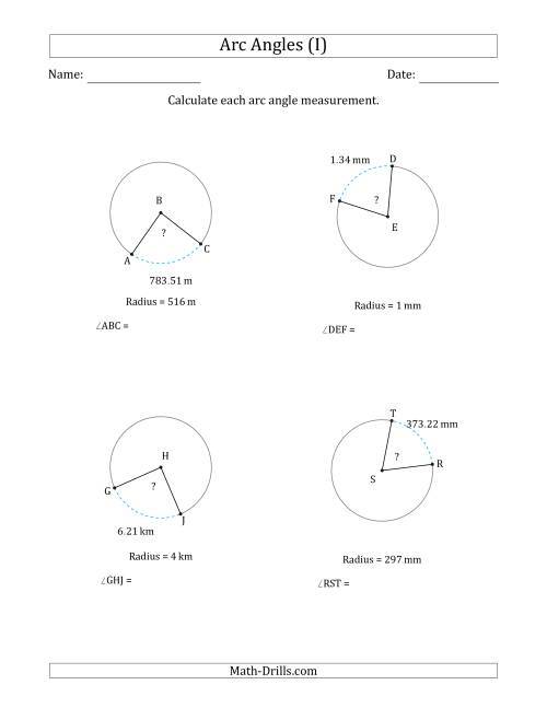 The Calculating Circle Arc Angle Measurements from Radius (I) Math Worksheet