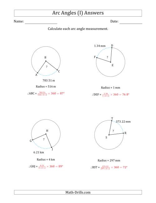 The Calculating Circle Arc Angle Measurements from Radius (I) Math Worksheet Page 2
