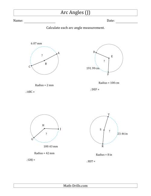 The Calculating Circle Arc Angle Measurements from Radius (J) Math Worksheet