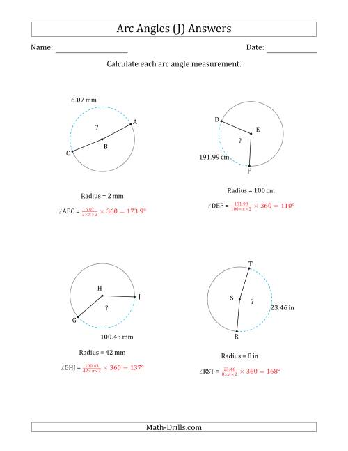 The Calculating Circle Arc Angle Measurements from Radius (J) Math Worksheet Page 2