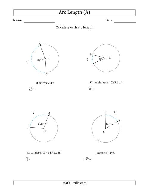 The Calculating Circle Arc Length from Circumference, Radius or Diameter (A) Math Worksheet