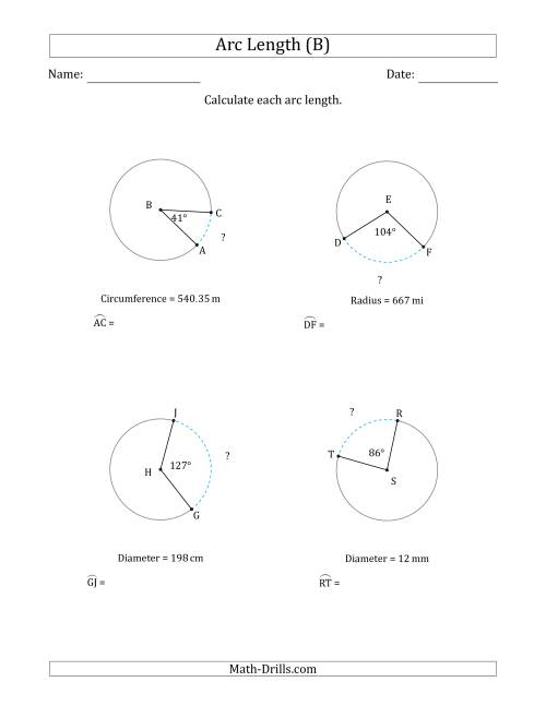 The Calculating Circle Arc Length from Circumference, Radius or Diameter (B) Math Worksheet