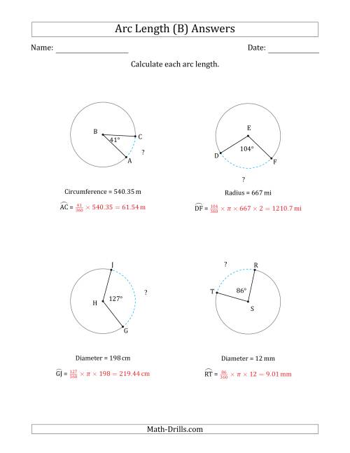 The Calculating Circle Arc Length from Circumference, Radius or Diameter (B) Math Worksheet Page 2