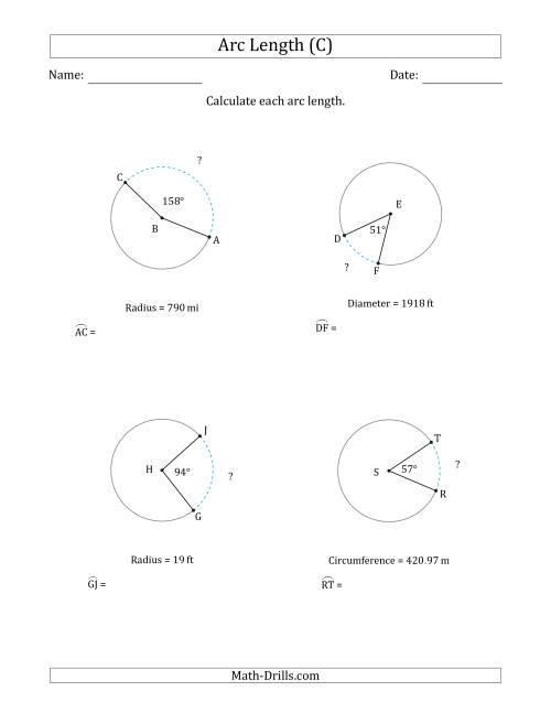The Calculating Circle Arc Length from Circumference, Radius or Diameter (C) Math Worksheet