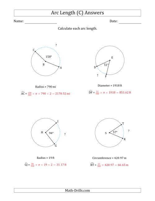 The Calculating Circle Arc Length from Circumference, Radius or Diameter (C) Math Worksheet Page 2
