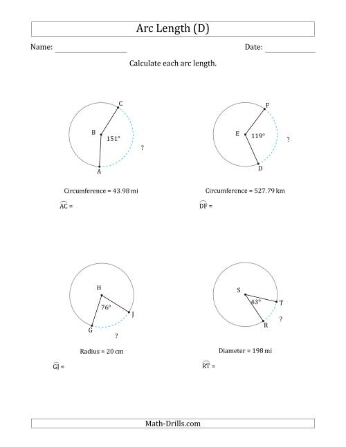 The Calculating Circle Arc Length from Circumference, Radius or Diameter (D) Math Worksheet