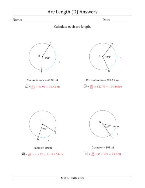 The Calculating Circle Arc Length from Circumference, Radius or Diameter (D) Math Worksheet Page 2