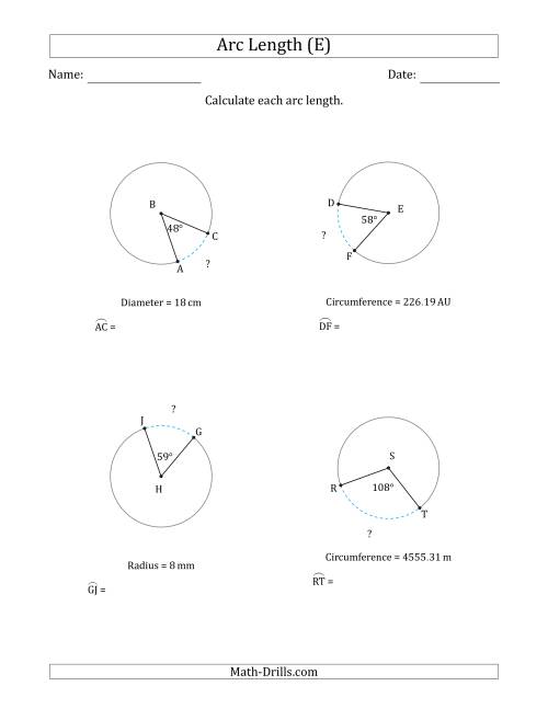 The Calculating Circle Arc Length from Circumference, Radius or Diameter (E) Math Worksheet