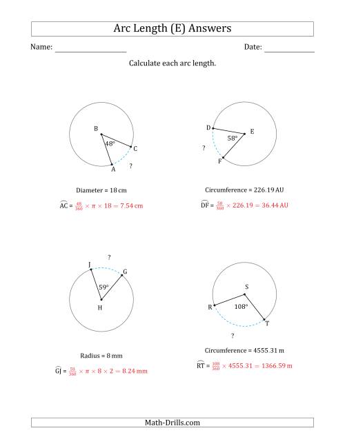 The Calculating Circle Arc Length from Circumference, Radius or Diameter (E) Math Worksheet Page 2