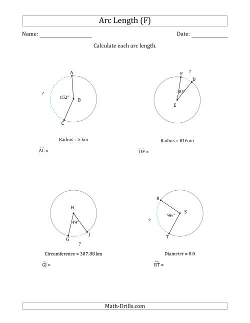 The Calculating Circle Arc Length from Circumference, Radius or Diameter (F) Math Worksheet