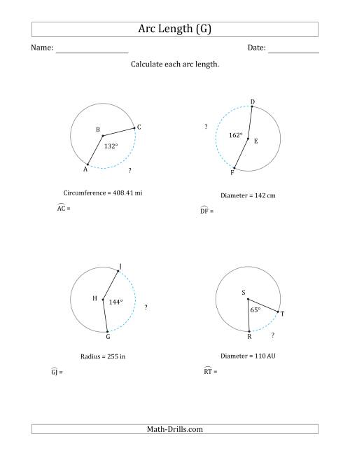 The Calculating Circle Arc Length from Circumference, Radius or Diameter (G) Math Worksheet