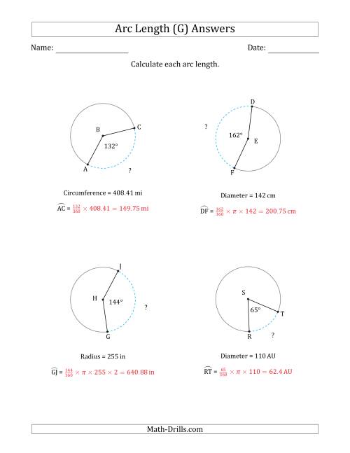 The Calculating Circle Arc Length from Circumference, Radius or Diameter (G) Math Worksheet Page 2