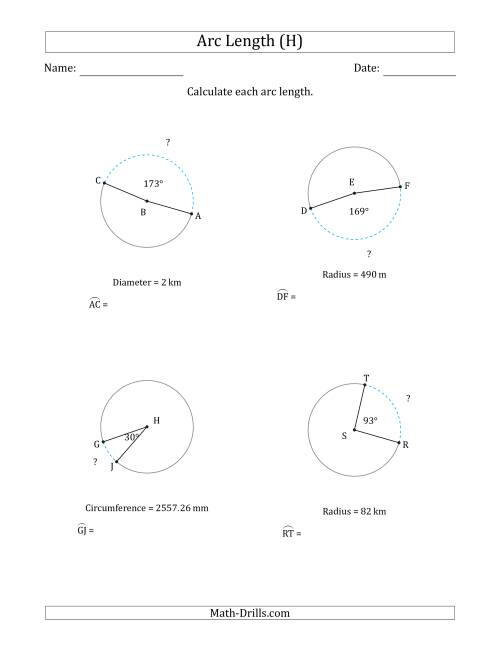 The Calculating Circle Arc Length from Circumference, Radius or Diameter (H) Math Worksheet