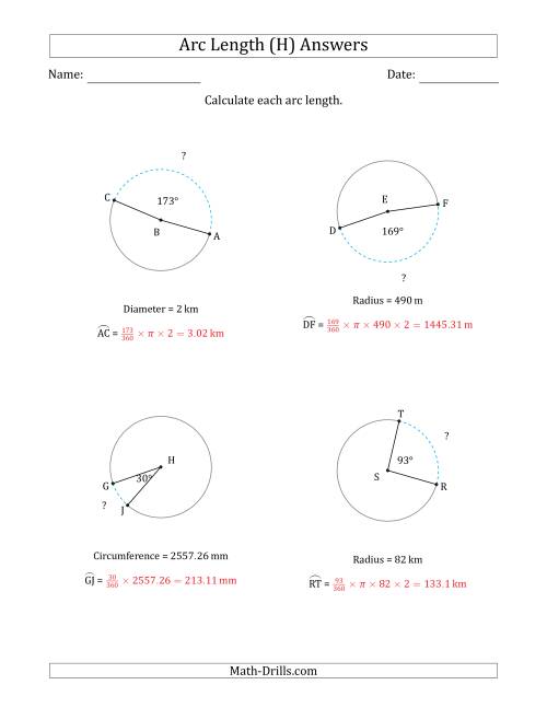 The Calculating Circle Arc Length from Circumference, Radius or Diameter (H) Math Worksheet Page 2