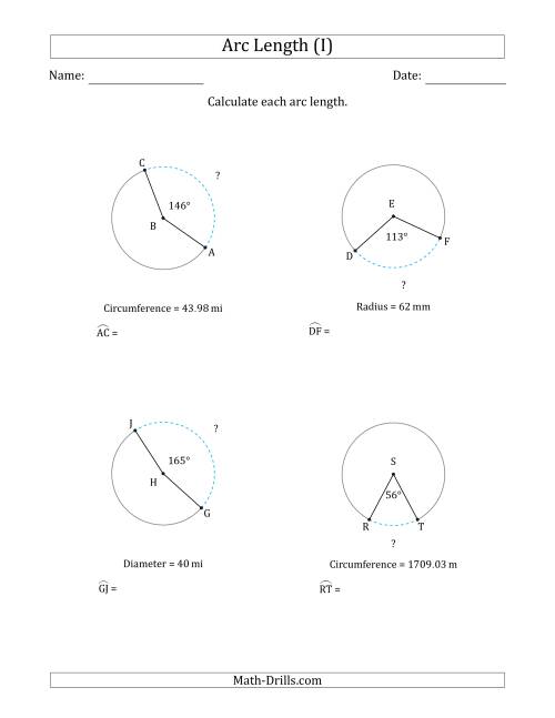 The Calculating Circle Arc Length from Circumference, Radius or Diameter (I) Math Worksheet