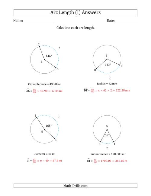 The Calculating Circle Arc Length from Circumference, Radius or Diameter (I) Math Worksheet Page 2