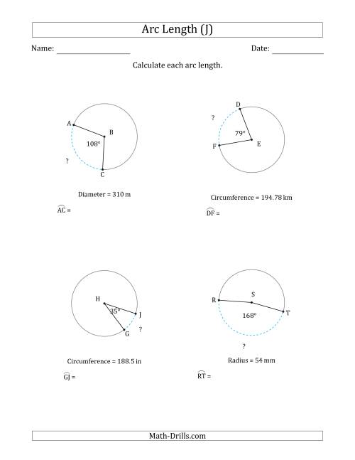 The Calculating Circle Arc Length from Circumference, Radius or Diameter (J) Math Worksheet