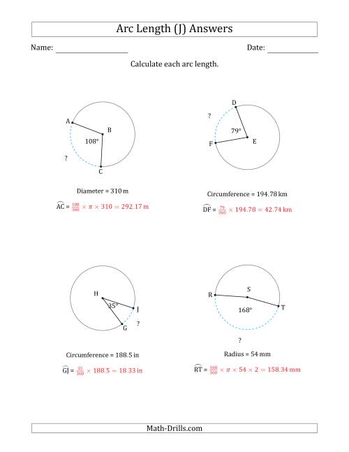 The Calculating Circle Arc Length from Circumference, Radius or Diameter (J) Math Worksheet Page 2