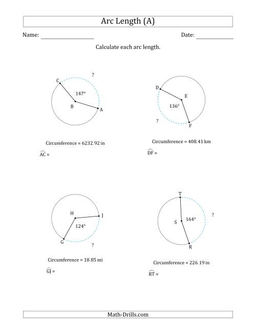 The Calculating Circle Arc Length from Circumference (A) Math Worksheet
